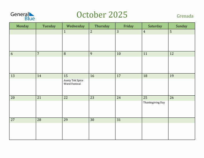 October 2025 Calendar with Grenada Holidays