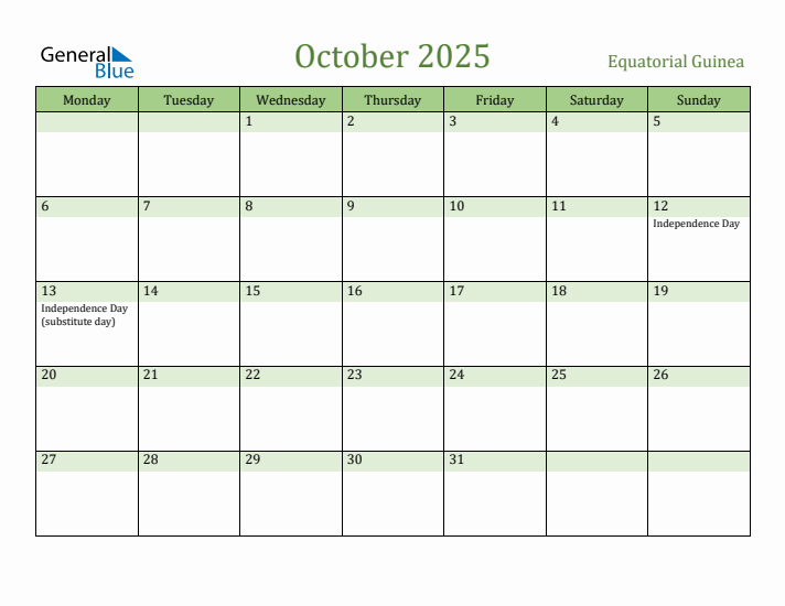 October 2025 Calendar with Equatorial Guinea Holidays