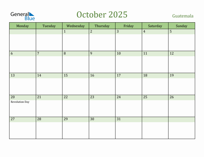 October 2025 Calendar with Guatemala Holidays