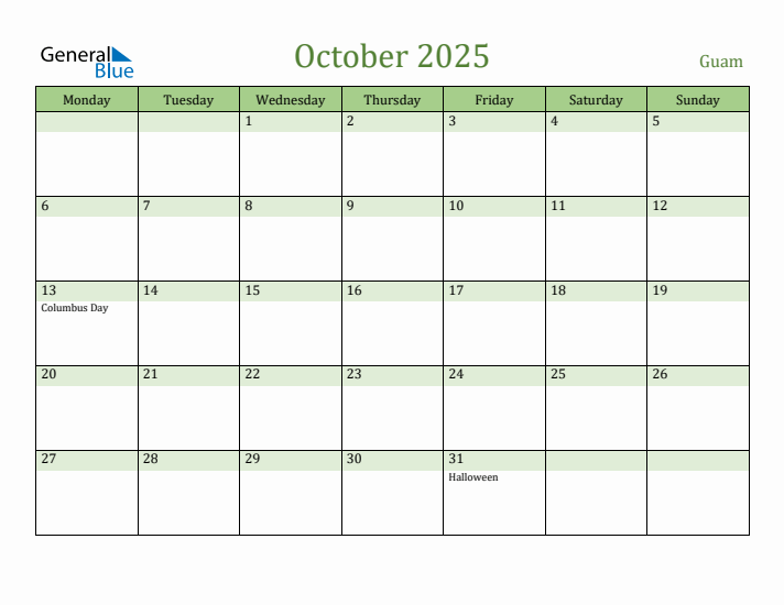 October 2025 Calendar with Guam Holidays