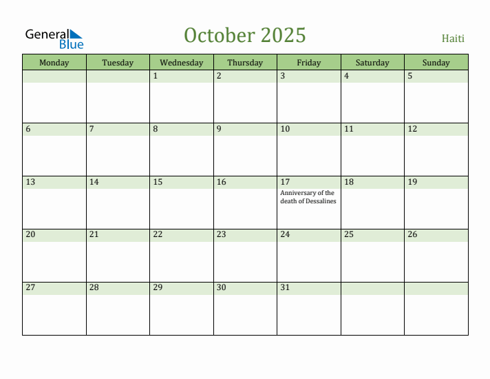 October 2025 Calendar with Haiti Holidays