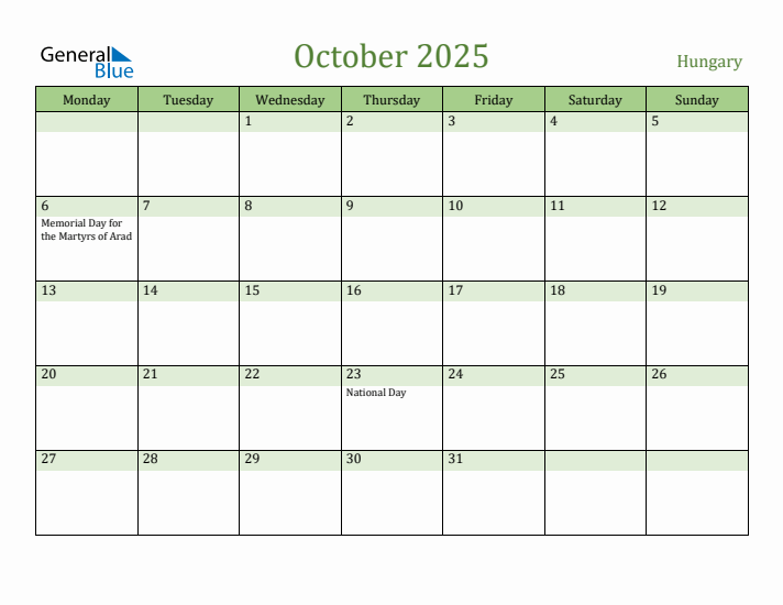 October 2025 Calendar with Hungary Holidays