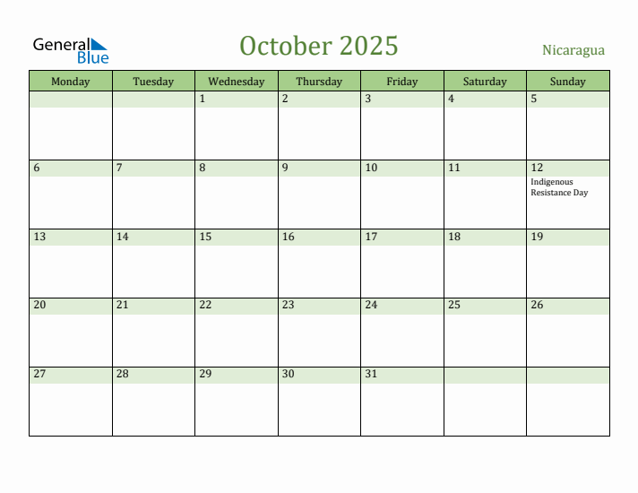 October 2025 Calendar with Nicaragua Holidays