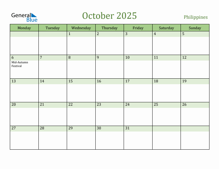 October 2025 Calendar with Philippines Holidays