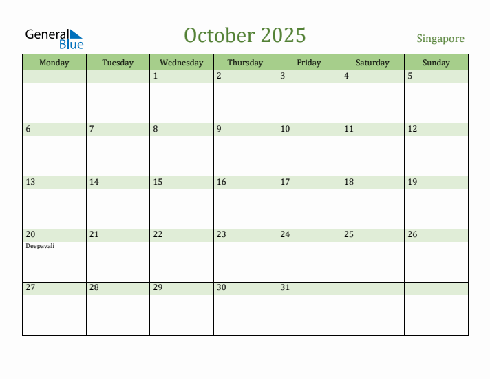 October 2025 Calendar with Singapore Holidays