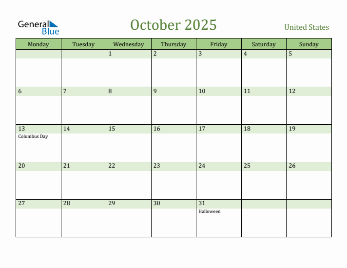 October 2025 Calendar with United States Holidays