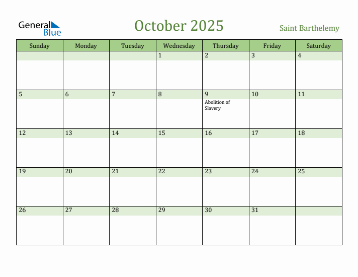 October 2025 Calendar with Saint Barthelemy Holidays