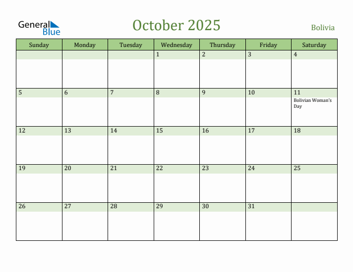 October 2025 Calendar with Bolivia Holidays