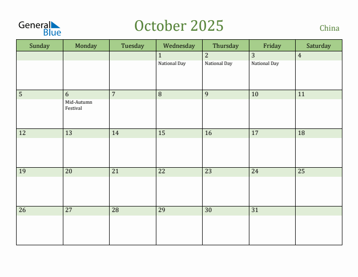 October 2025 Calendar with China Holidays