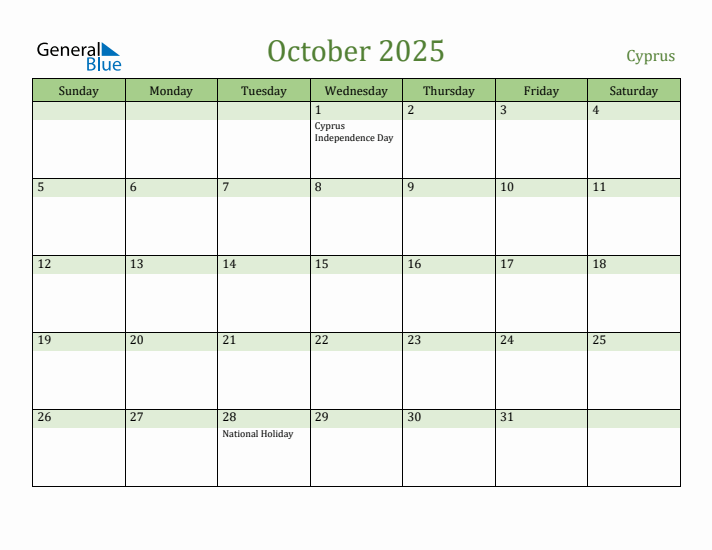 October 2025 Calendar with Cyprus Holidays