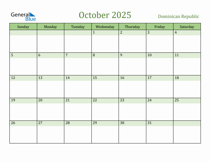 October 2025 Calendar with Dominican Republic Holidays