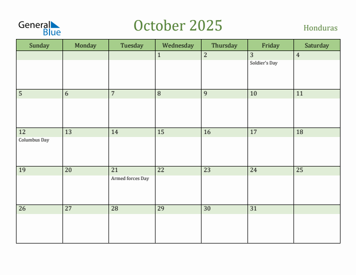 October 2025 Calendar with Honduras Holidays