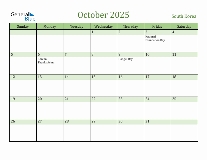 October 2025 Calendar with South Korea Holidays