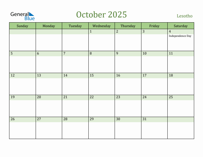 October 2025 Calendar with Lesotho Holidays