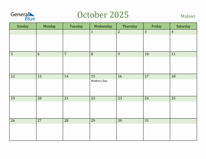 October 2025 Calendar with Malawi Holidays