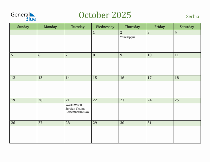 October 2025 Calendar with Serbia Holidays