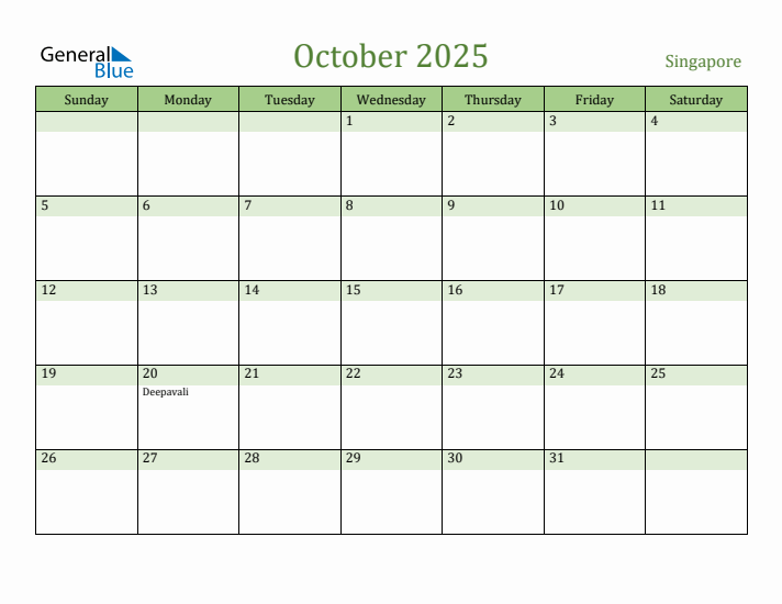 October 2025 Calendar with Singapore Holidays