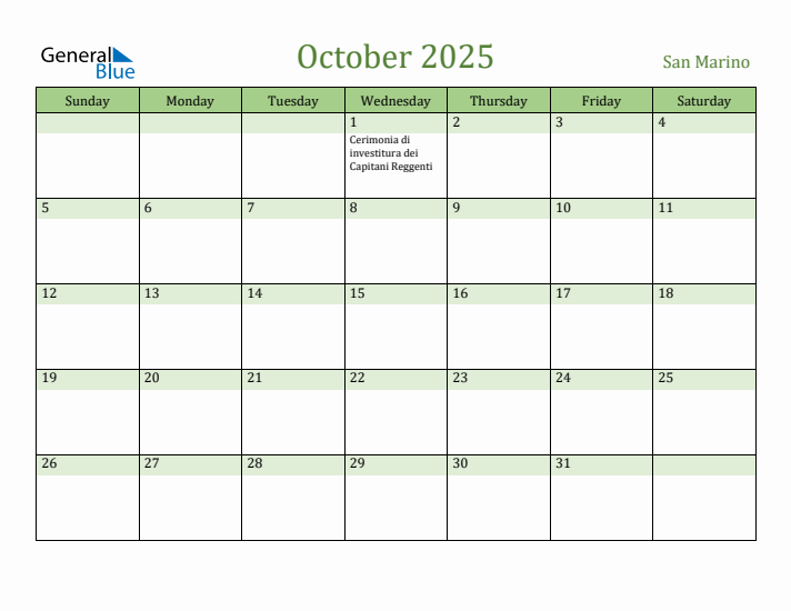 October 2025 Calendar with San Marino Holidays