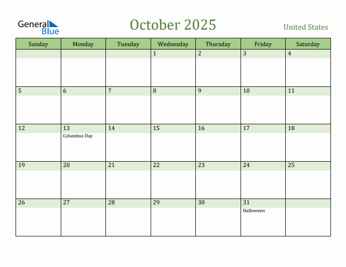 October 2025 Calendar with United States Holidays