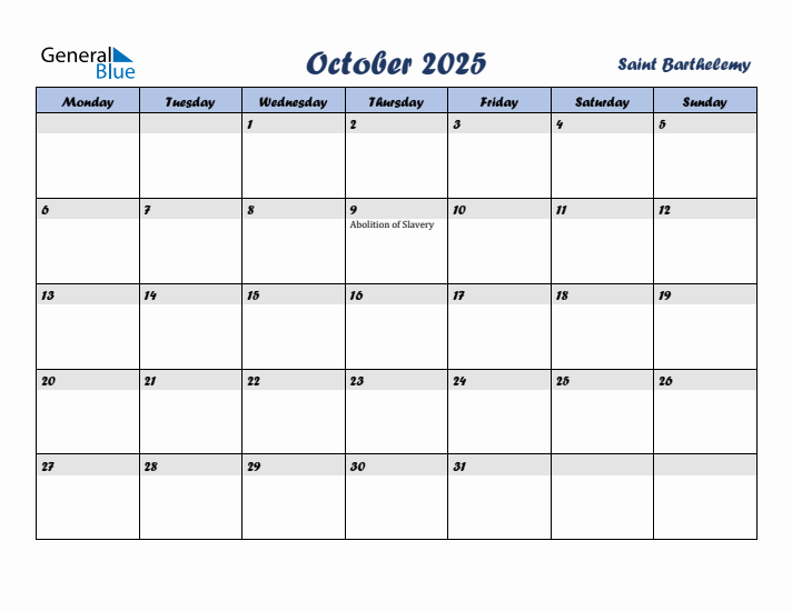 October 2025 Calendar with Holidays in Saint Barthelemy