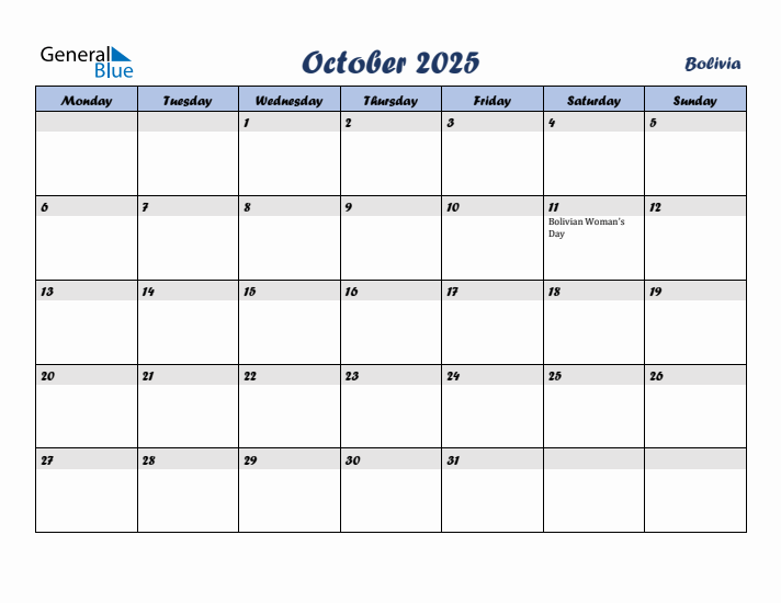 October 2025 Calendar with Holidays in Bolivia