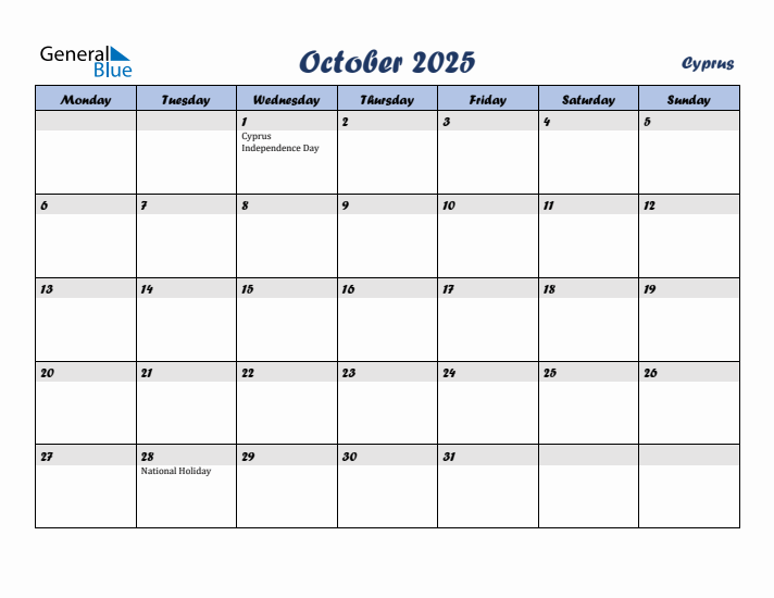 October 2025 Calendar with Holidays in Cyprus