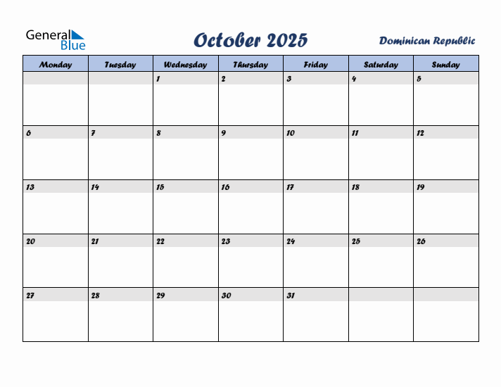 October 2025 Calendar with Holidays in Dominican Republic