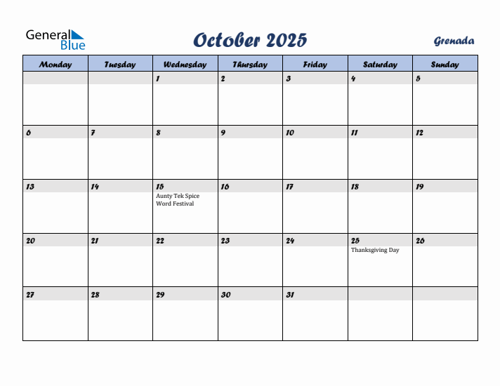 October 2025 Calendar with Holidays in Grenada