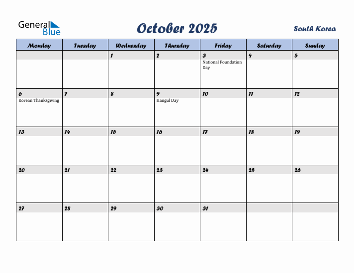 October 2025 Calendar with Holidays in South Korea