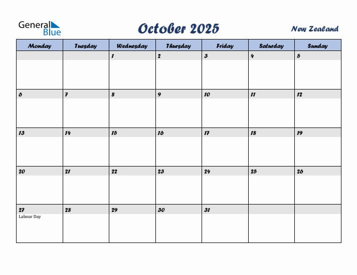 October 2025 Calendar with Holidays in New Zealand