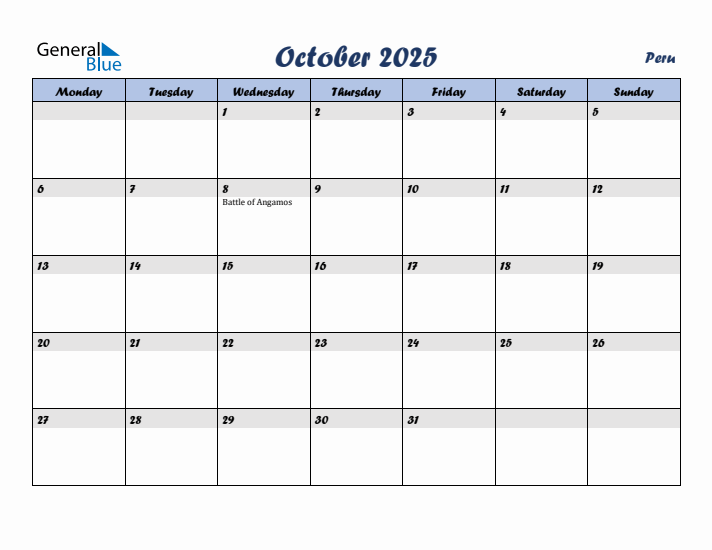 October 2025 Calendar with Holidays in Peru