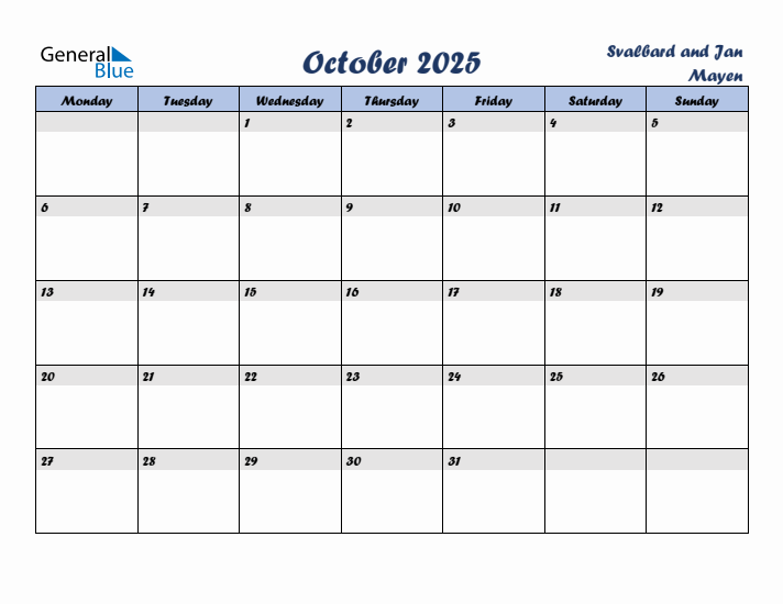 October 2025 Calendar with Holidays in Svalbard and Jan Mayen