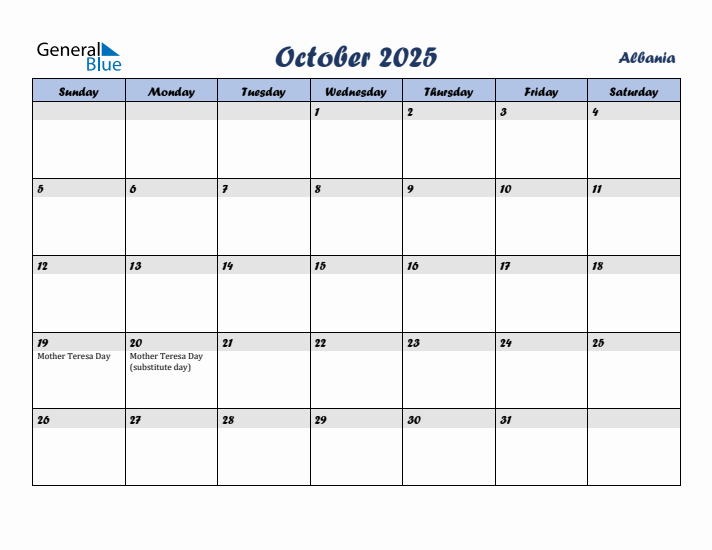 October 2025 Calendar with Holidays in Albania