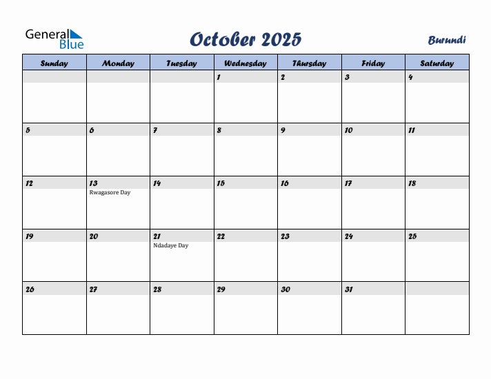 October 2025 Calendar with Holidays in Burundi