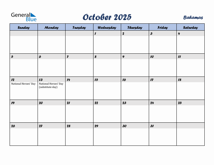 October 2025 Calendar with Holidays in Bahamas