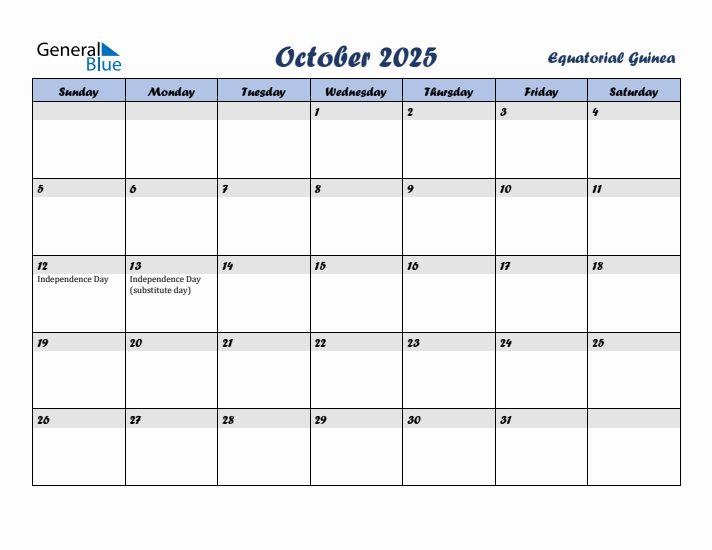 October 2025 Calendar with Holidays in Equatorial Guinea