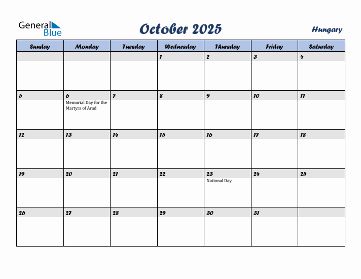 October 2025 Calendar with Holidays in Hungary