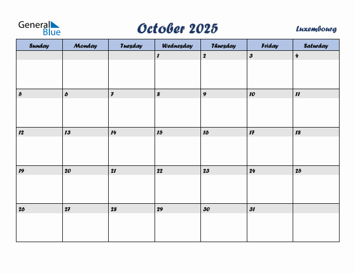 October 2025 Calendar with Holidays in Luxembourg