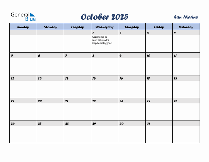 October 2025 Calendar with Holidays in San Marino