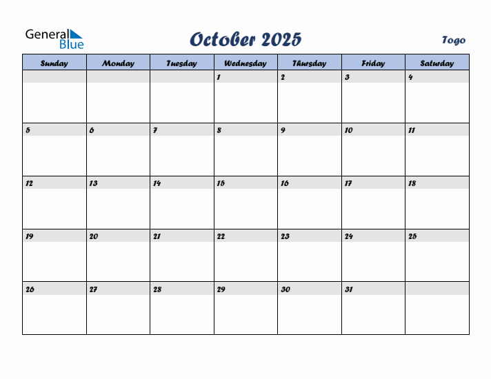 October 2025 Calendar with Holidays in Togo