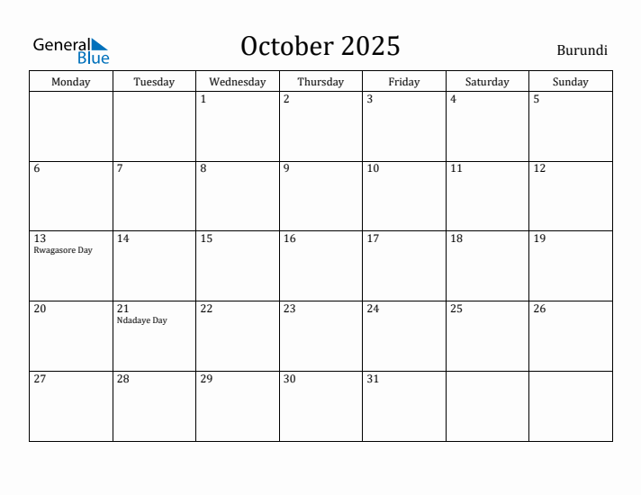 October 2025 Calendar Burundi