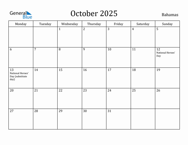 October 2025 Calendar Bahamas