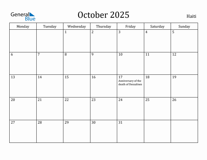 October 2025 Calendar Haiti