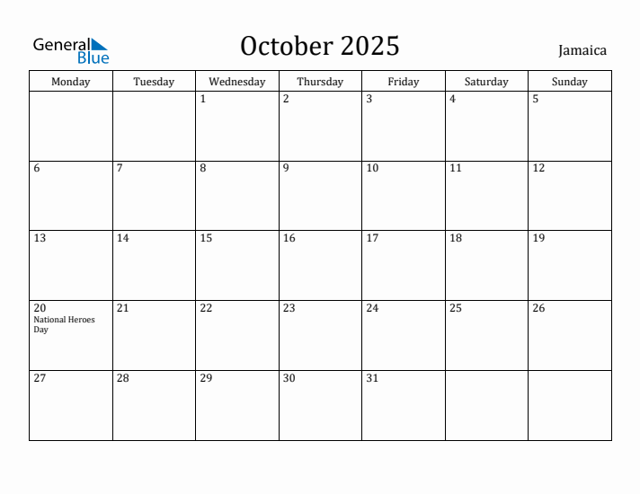 October 2025 Calendar Jamaica