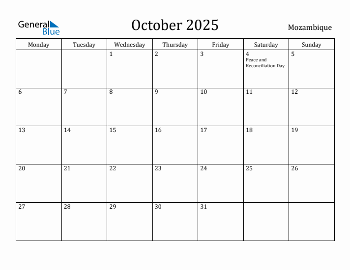 October 2025 Calendar Mozambique