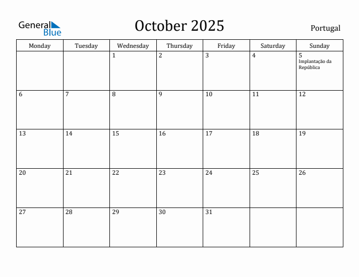 October 2025 Calendar Portugal