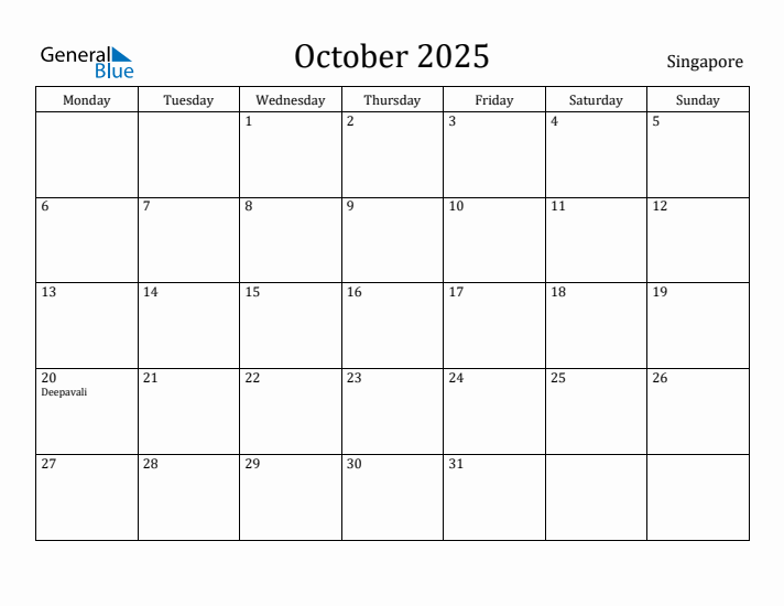 October 2025 Calendar Singapore