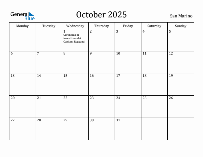 October 2025 Calendar San Marino