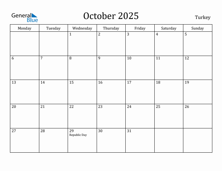 October 2025 Calendar Turkey