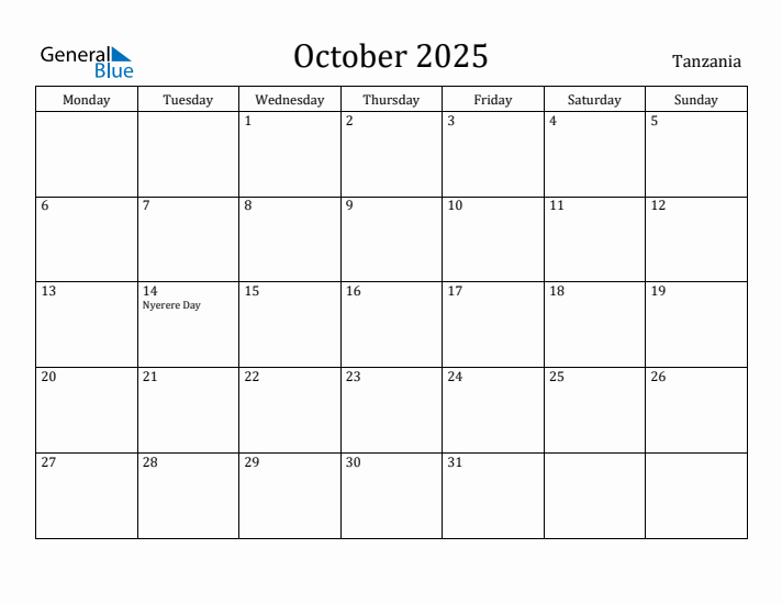 October 2025 Calendar Tanzania